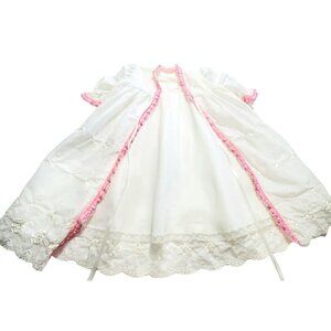 VTG Baby Christening Robe Dress Cover Up Coat Eyelet Lace Embroidered Flowers